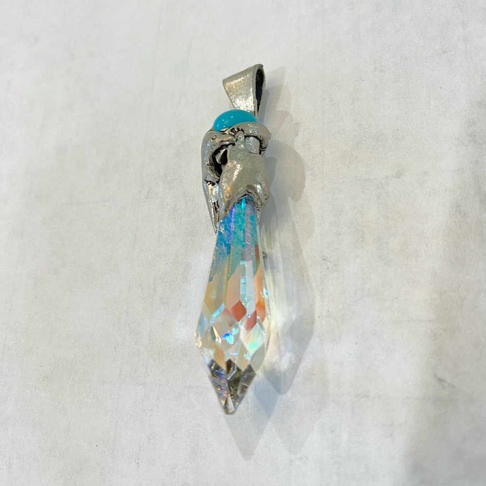 Silver Quartz Crystal Turquoise Pendant Necklace dolphins vintage signed - Picture 5 of 14